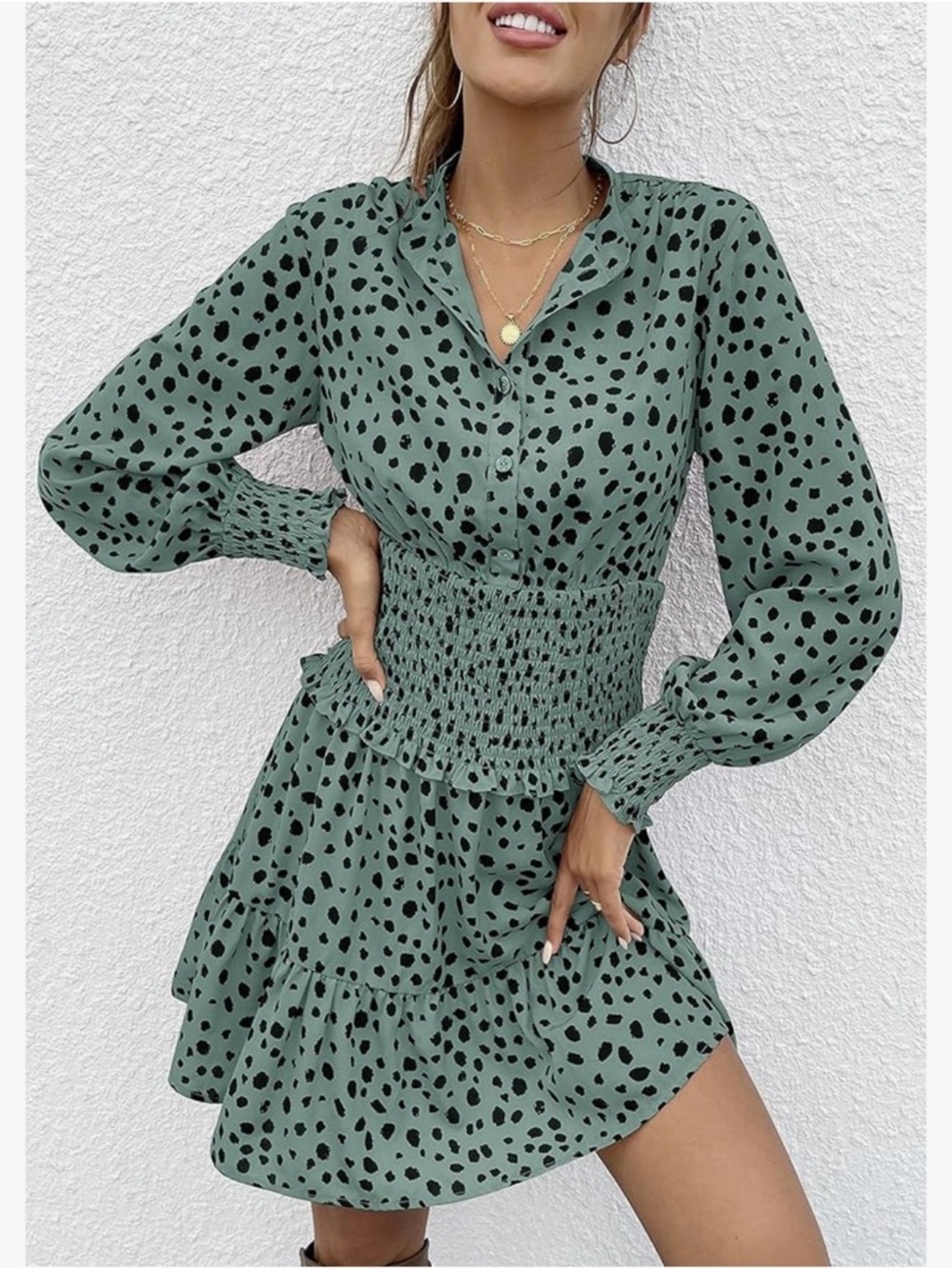 Pretty Garden Smocked Waist Green Printed Mini Dress